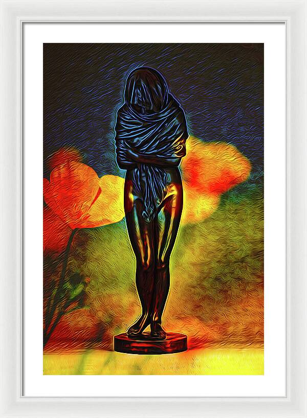 Poppy Flowers and Statue - Framed Print