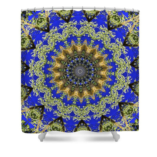 Royal Blue and Green Pattern Fragments Mandala - Shower Curtain