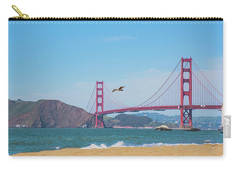 Seagull flying over Golden Gate Bridge - Zip Pouch