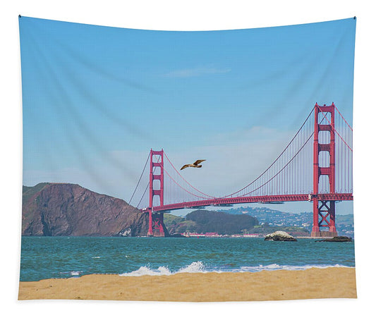 Seagull flying over Golden Gate Bridge  - Tapestry