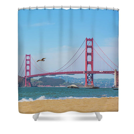 Seagull flying over Golden Gate Bridge - Shower Curtain