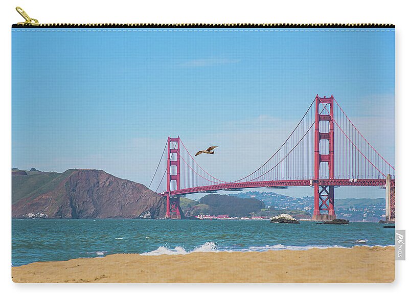Seagull flying over Golden Gate Bridge - Zip Pouch