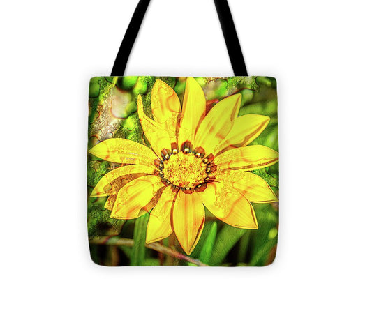 Single Yellow Flower with Waterdrops Overlay - Tote Bag