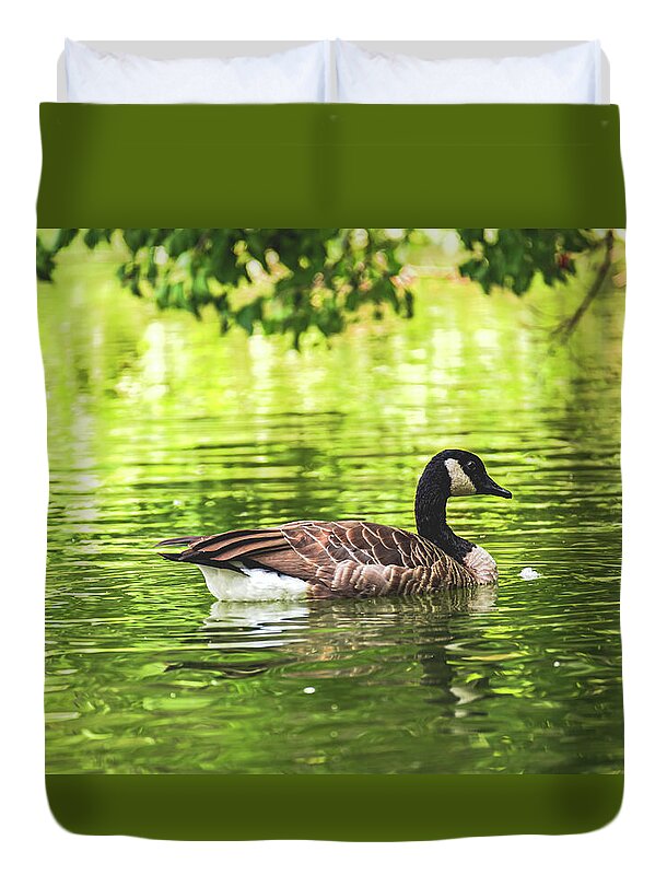 Solitary Goose on Tranquil Pond - Duvet Cover