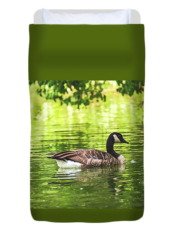 Solitary Goose on Tranquil Pond - Duvet Cover