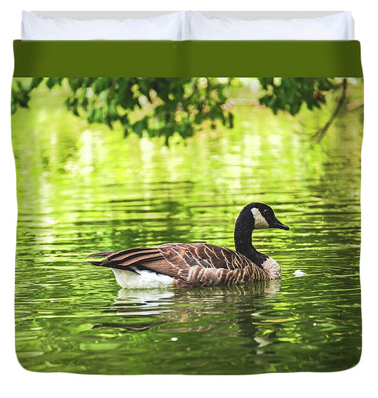 Solitary Goose on Tranquil Pond - Duvet Cover