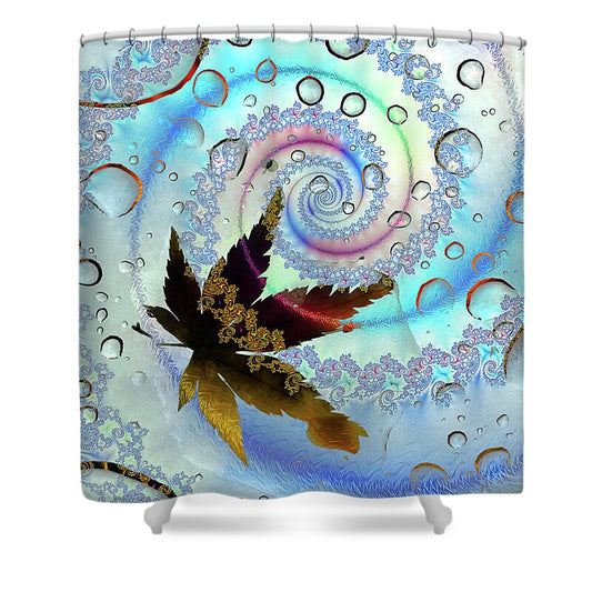 Spiraling Water Drops and Leaf - Shower Curtain