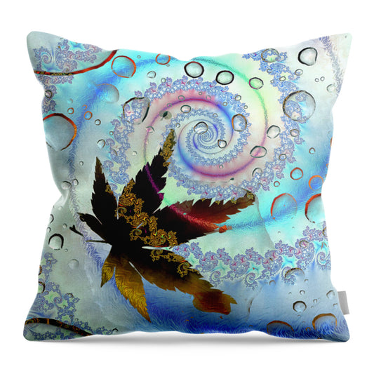 Spiraling Water Drops and Leaf - Throw Pillow