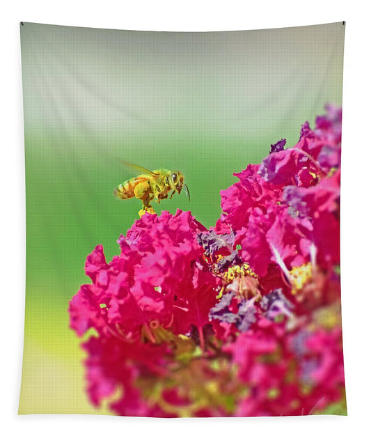 Standing Still In Life Magenta Flowers and Bee - Tapestry