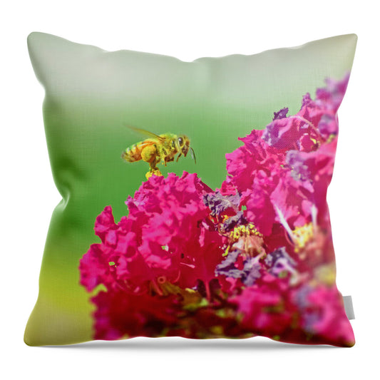 Standing Still In Life Magenta Flowers and Bee - Throw Pillow
