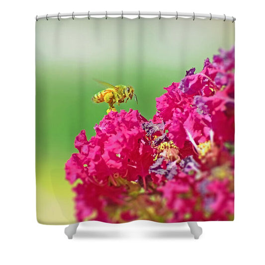 Standing Still In Life Magenta Flowers and Bee - Shower Curtain