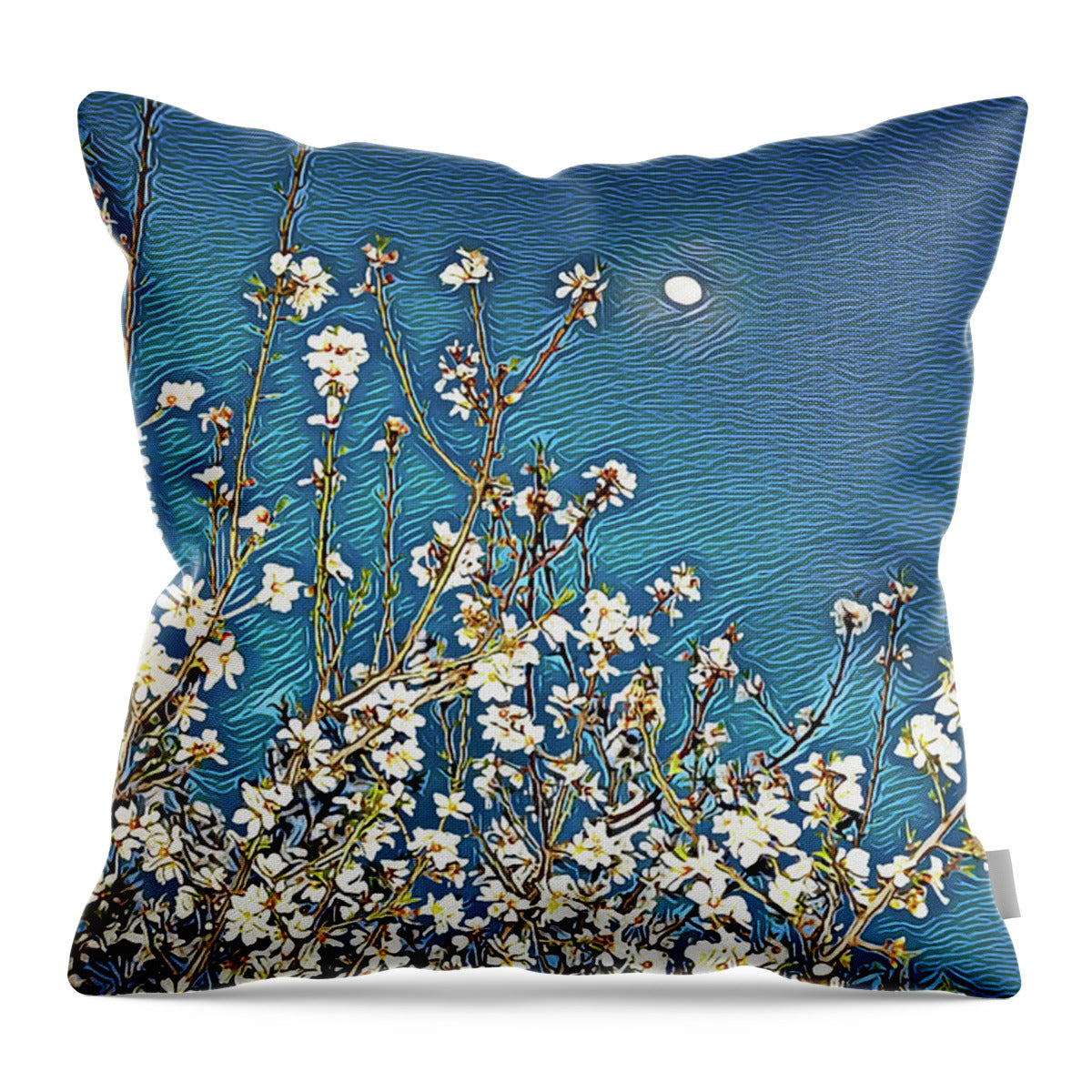Starry Night Moon and Blooms - Throw Pillow