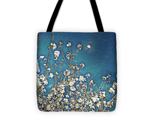 Starry Night Moon and Blooms - Tote Bag