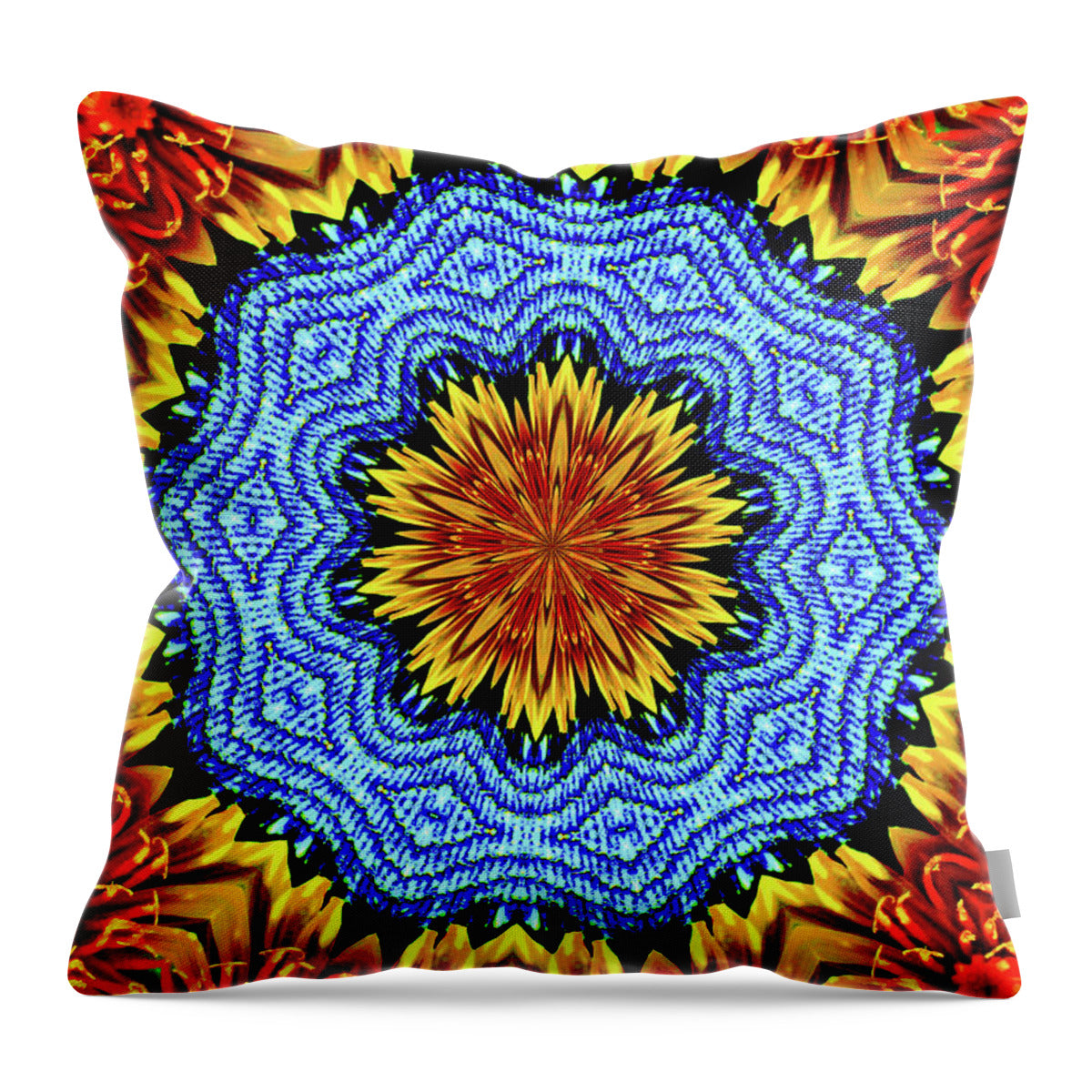Sunflower and Denim Mandala - Throw Pillow