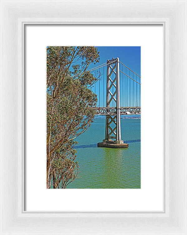 San Francisco Oakland Bay Bridge with a Blue Sky Seascape - Framed Print