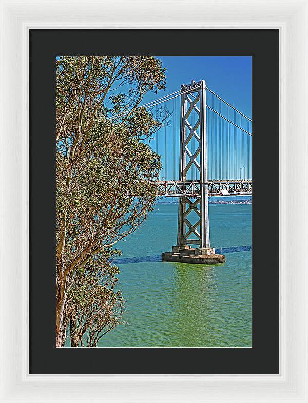San Francisco Oakland Bay Bridge with a Blue Sky Seascape - Framed Print