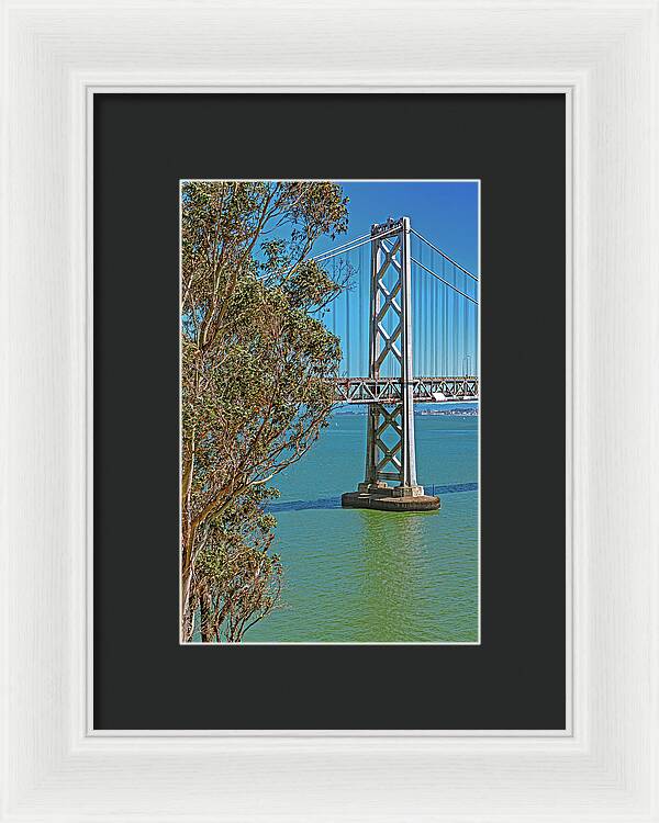 San Francisco Oakland Bay Bridge with a Blue Sky Seascape - Framed Print
