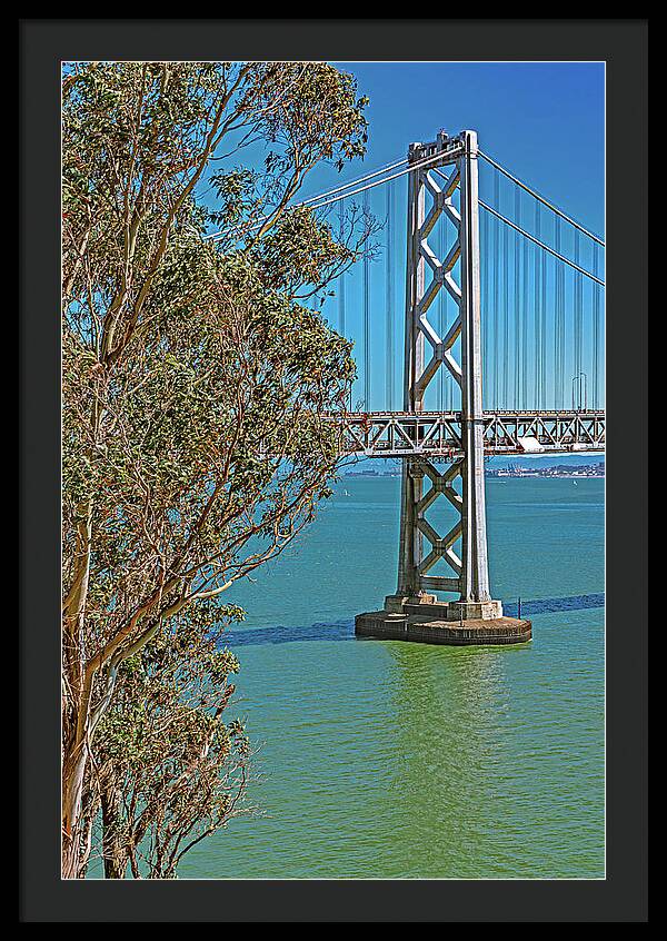 San Francisco Oakland Bay Bridge with a Blue Sky Seascape - Framed Print