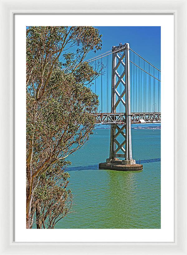 San Francisco Oakland Bay Bridge with a Blue Sky Seascape - Framed Print