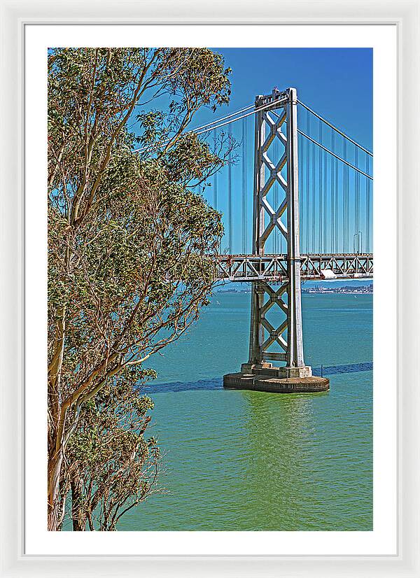San Francisco Oakland Bay Bridge with a Blue Sky Seascape - Framed Print