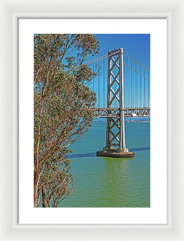 San Francisco Oakland Bay Bridge with a Blue Sky Seascape - Framed Print
