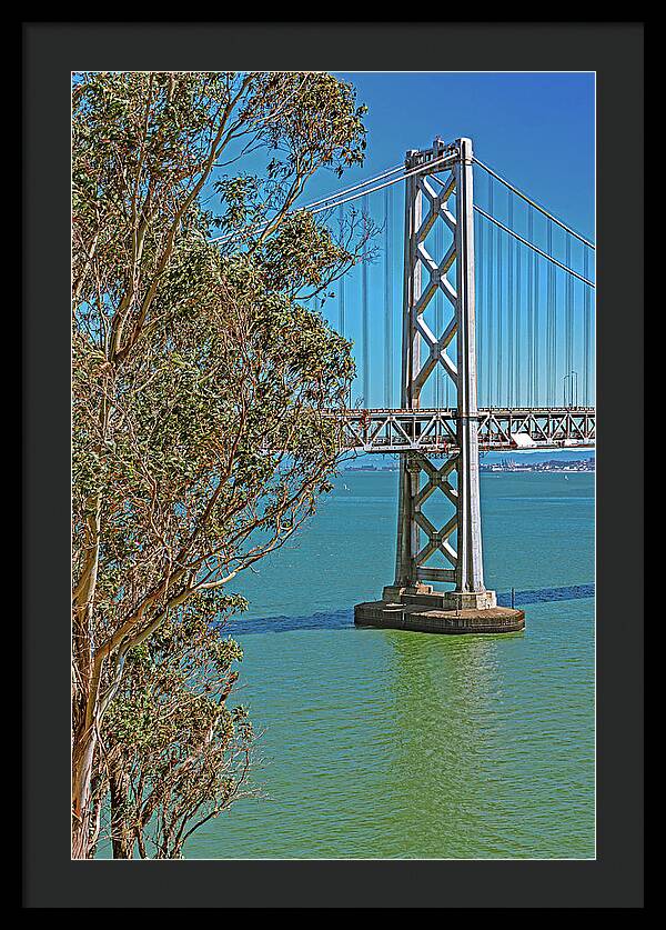 San Francisco Oakland Bay Bridge with a Blue Sky Seascape - Framed Print