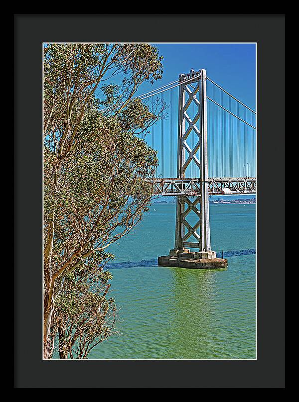 San Francisco Oakland Bay Bridge with a Blue Sky Seascape - Framed Print
