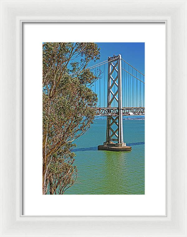 San Francisco Oakland Bay Bridge with a Blue Sky Seascape - Framed Print