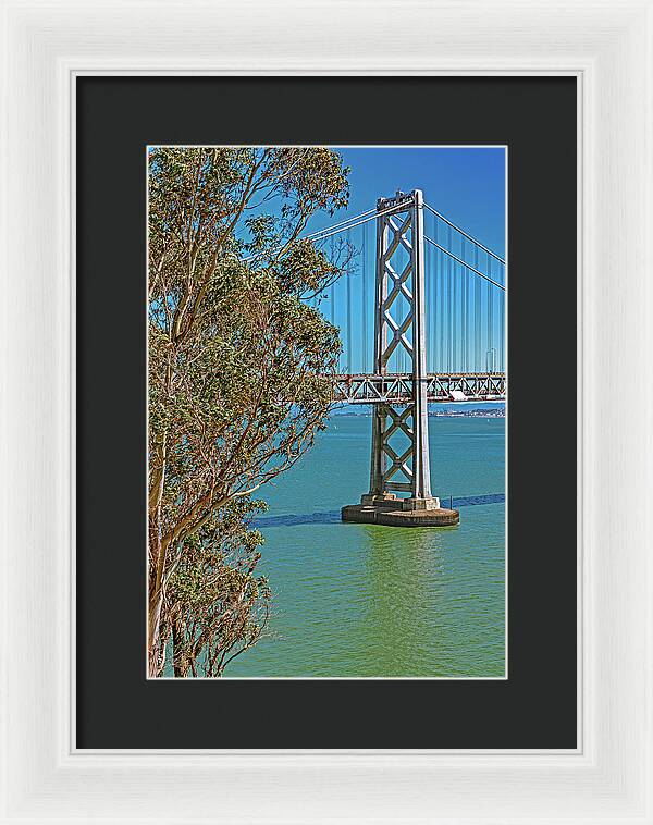 San Francisco Oakland Bay Bridge with a Blue Sky Seascape - Framed Print