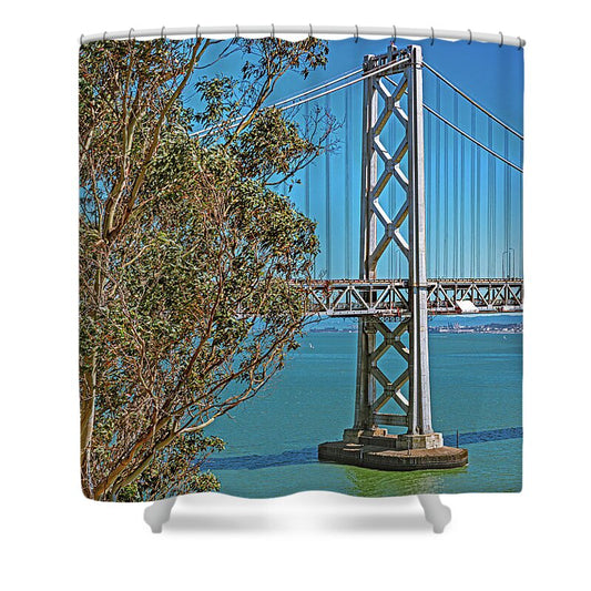 San Francisco Oakland Bay Bridge with a Blue Sky Seascape - Shower Curtain