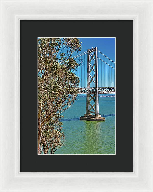 San Francisco Oakland Bay Bridge with a Blue Sky Seascape - Framed Print
