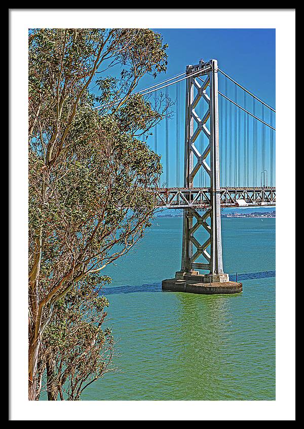 San Francisco Oakland Bay Bridge with a Blue Sky Seascape - Framed Print