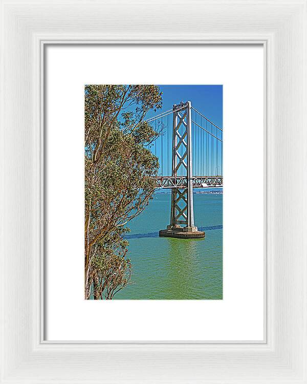 San Francisco Oakland Bay Bridge with a Blue Sky Seascape - Framed Print