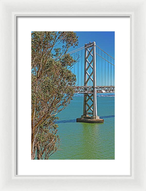 San Francisco Oakland Bay Bridge with a Blue Sky Seascape - Framed Print