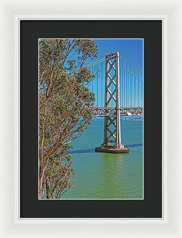 San Francisco Oakland Bay Bridge with a Blue Sky Seascape - Framed Print