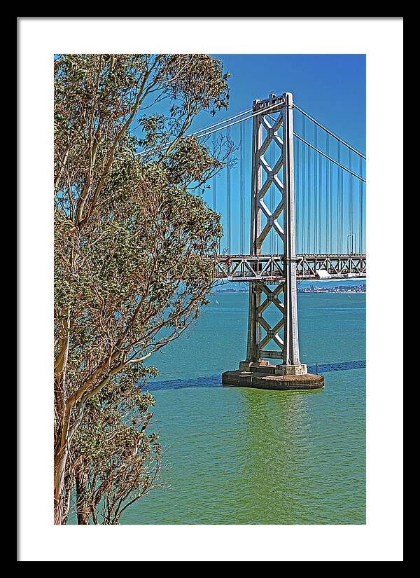 San Francisco Oakland Bay Bridge with a Blue Sky Seascape - Framed Print