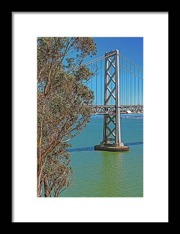 San Francisco Oakland Bay Bridge with a Blue Sky Seascape - Framed Print