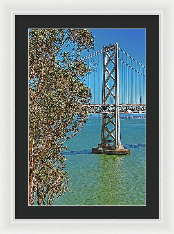 San Francisco Oakland Bay Bridge with a Blue Sky Seascape - Framed Print
