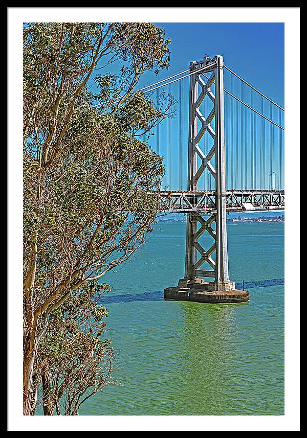San Francisco Oakland Bay Bridge with a Blue Sky Seascape - Framed Print
