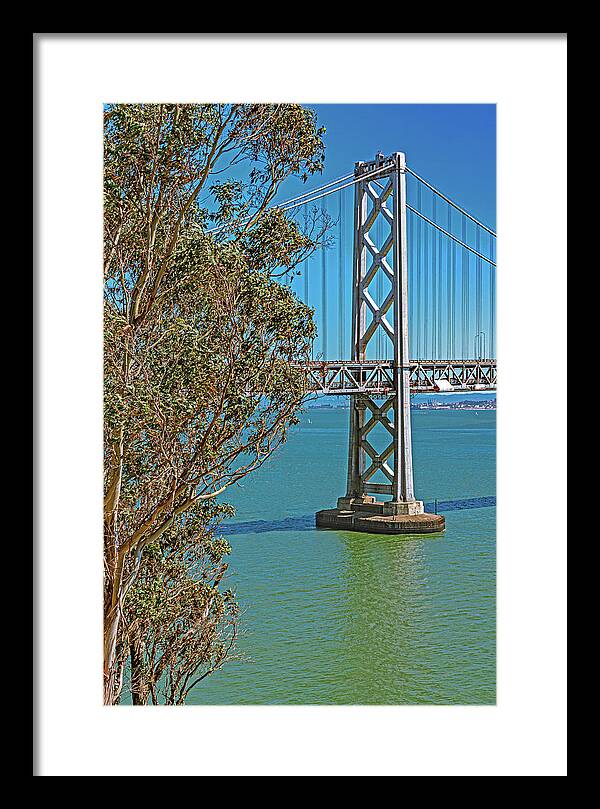 San Francisco Oakland Bay Bridge with a Blue Sky Seascape - Framed Print