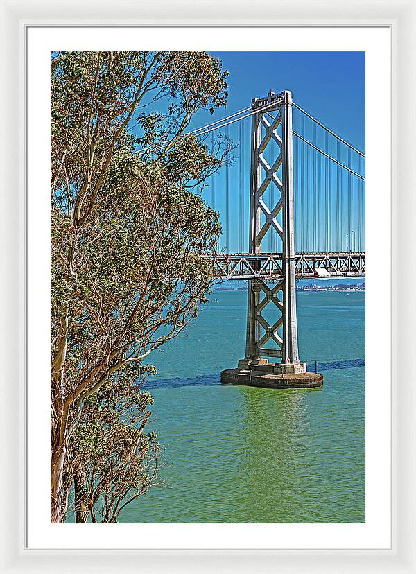 San Francisco Oakland Bay Bridge with a Blue Sky Seascape - Framed Print
