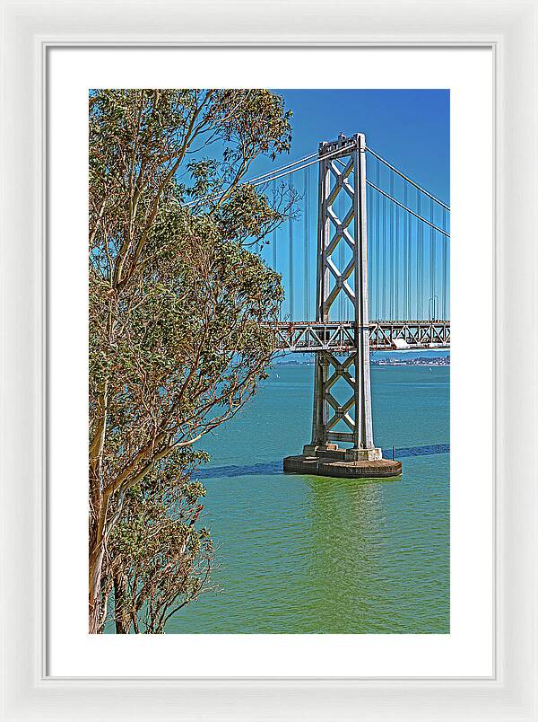 San Francisco Oakland Bay Bridge with a Blue Sky Seascape - Framed Print
