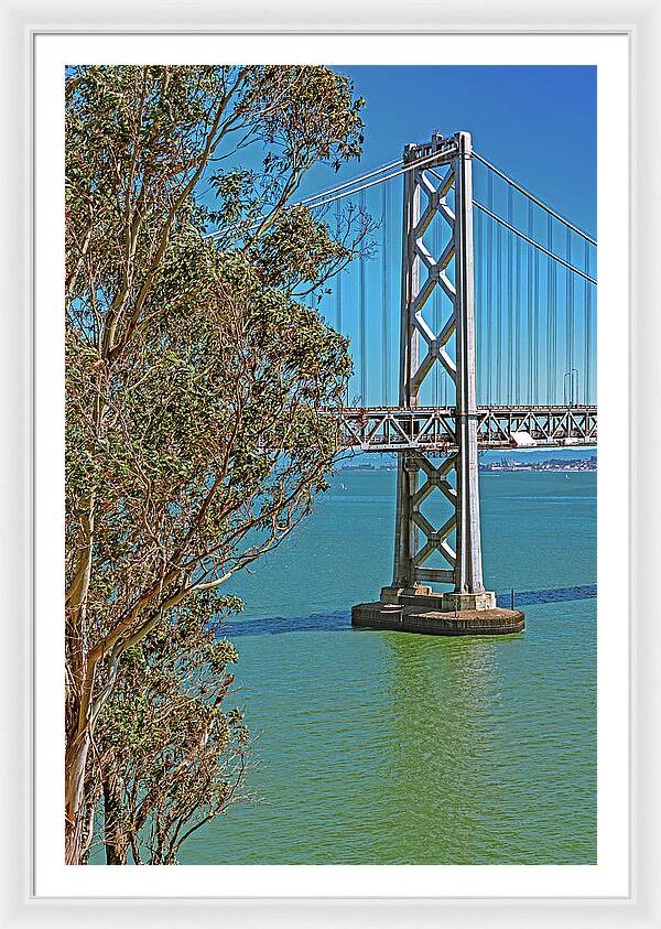 San Francisco Oakland Bay Bridge with a Blue Sky Seascape - Framed Print