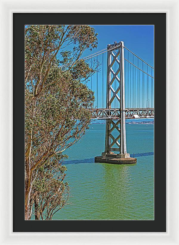 San Francisco Oakland Bay Bridge with a Blue Sky Seascape - Framed Print