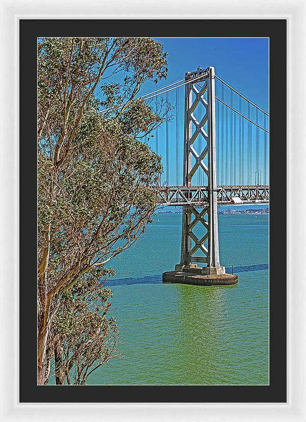 San Francisco Oakland Bay Bridge with a Blue Sky Seascape - Framed Print