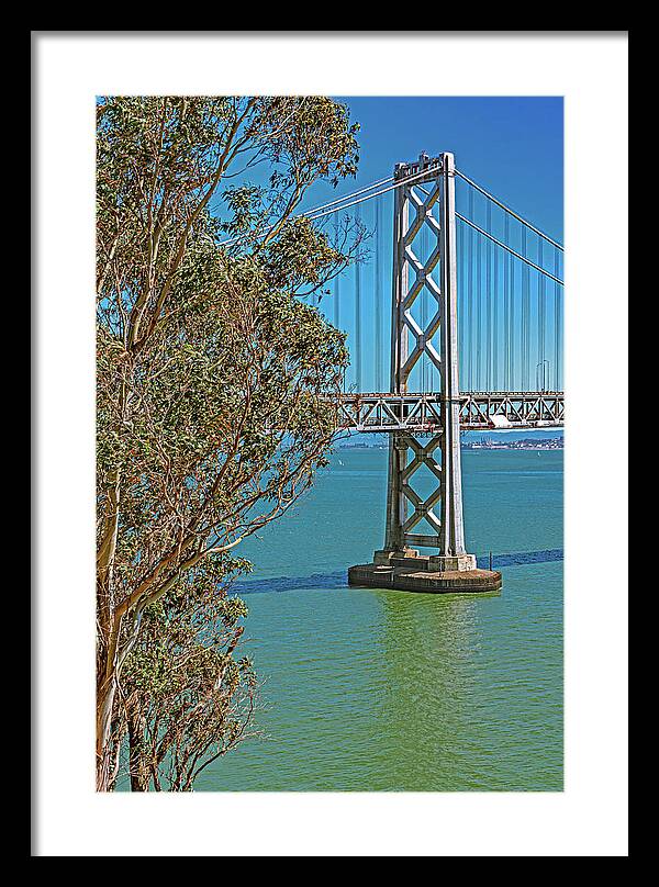 San Francisco Oakland Bay Bridge with a Blue Sky Seascape - Framed Print