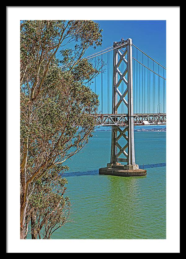 San Francisco Oakland Bay Bridge with a Blue Sky Seascape - Framed Print