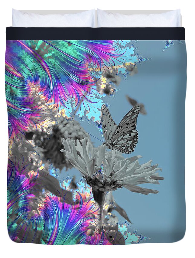 Vibrant Feathery Colors and Butterfly - Duvet Cover