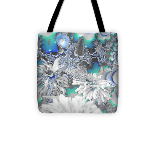 White Flowers with Bubbly Whites, Teals and Blues - Tote Bag