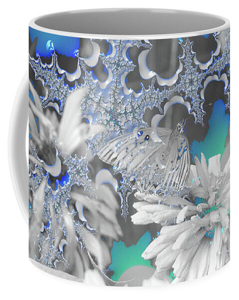 White Flowers with Bubbly Whites, Teals and Blues - Mug